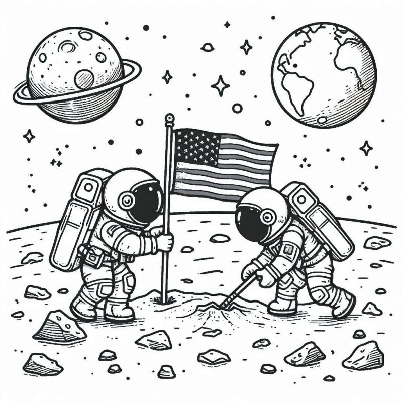 Desenho de astronautas na Lua com bandeira e planetas para colorir