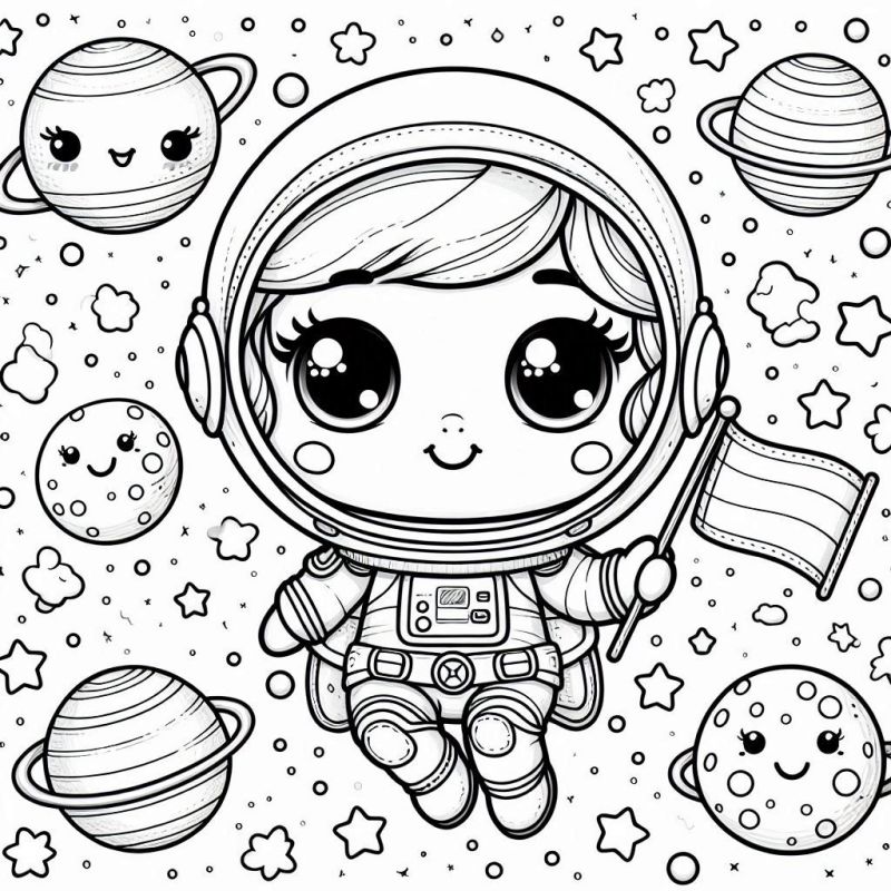 Cenário Cósmico com Criança Astronauta para Colorir