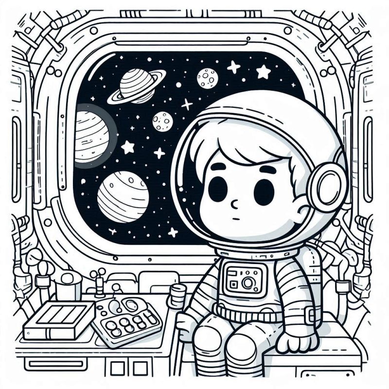 Desenho de Astronauta Criança na Nave Espacial para Colorir