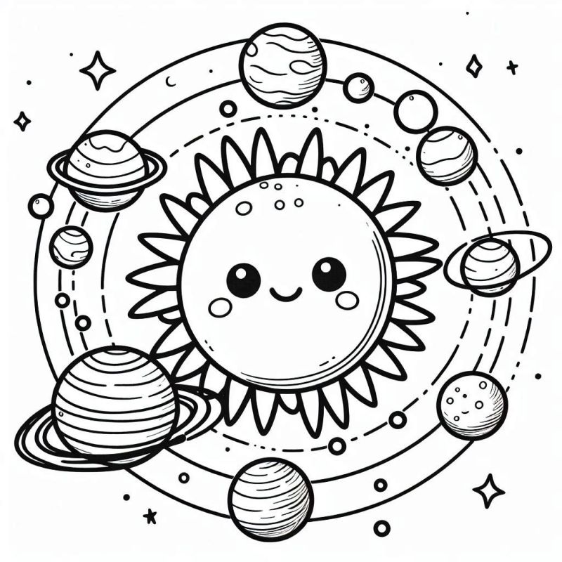 Desenho de Sol Sorridente com Planetas para Colorir