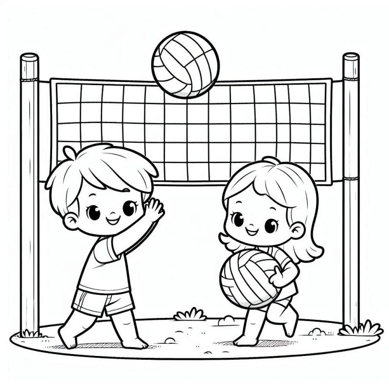 Desenho de menino e menina jogando vôlei para colorir