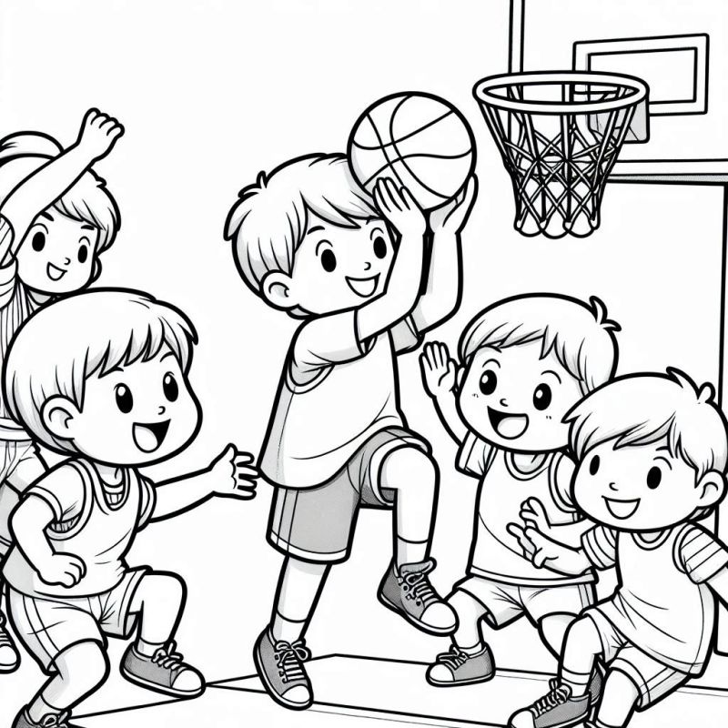 Desenho de crianças jogando basquete para colorir