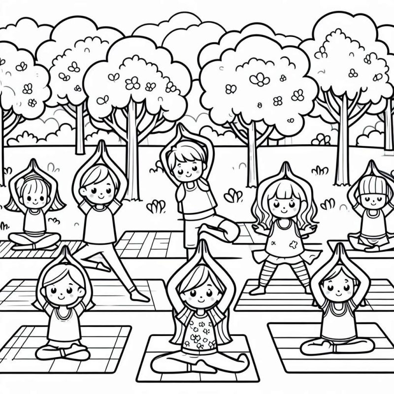 Crianças praticando yoga no parque para colorir