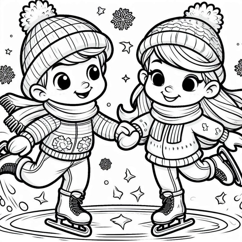 Desenho de Menino e Menina Patinando no Gelo