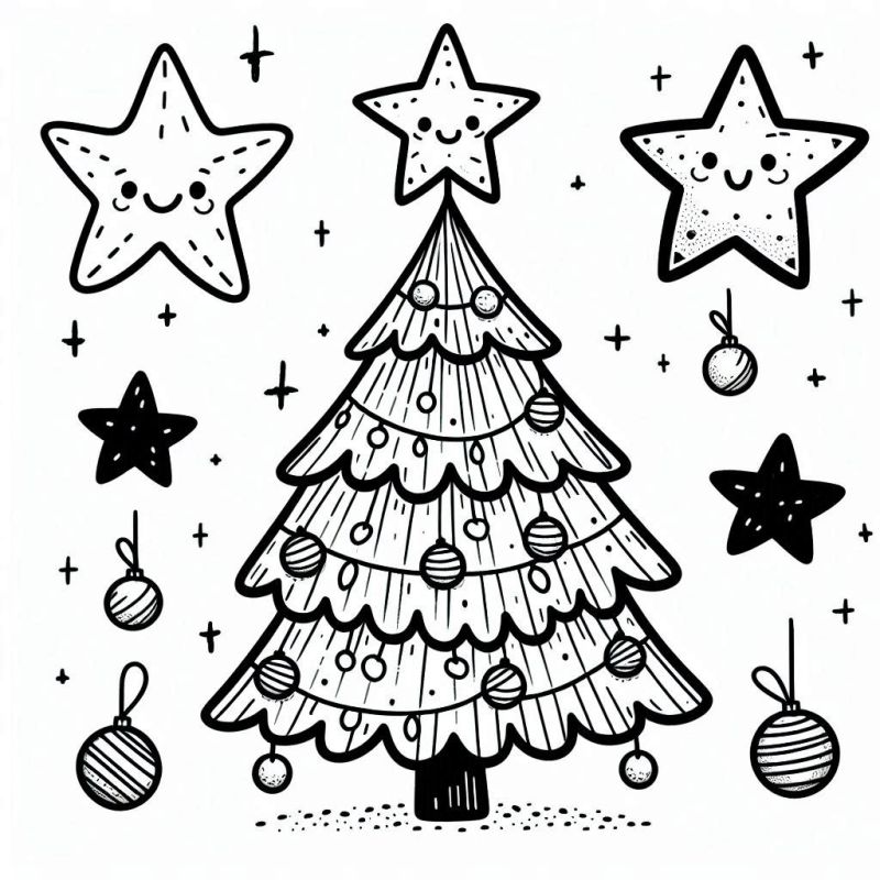 Desenho de árvore de Natal decorada com estrelas amigas para colorir