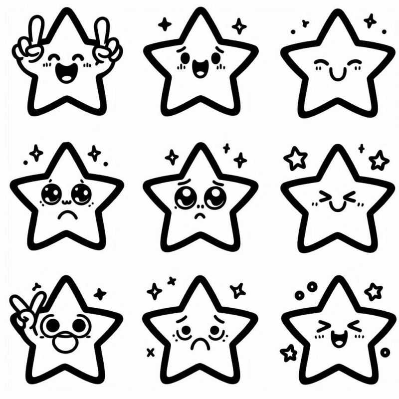 Desenhos de nove estrelas com diferentes expressões faciais para colorir