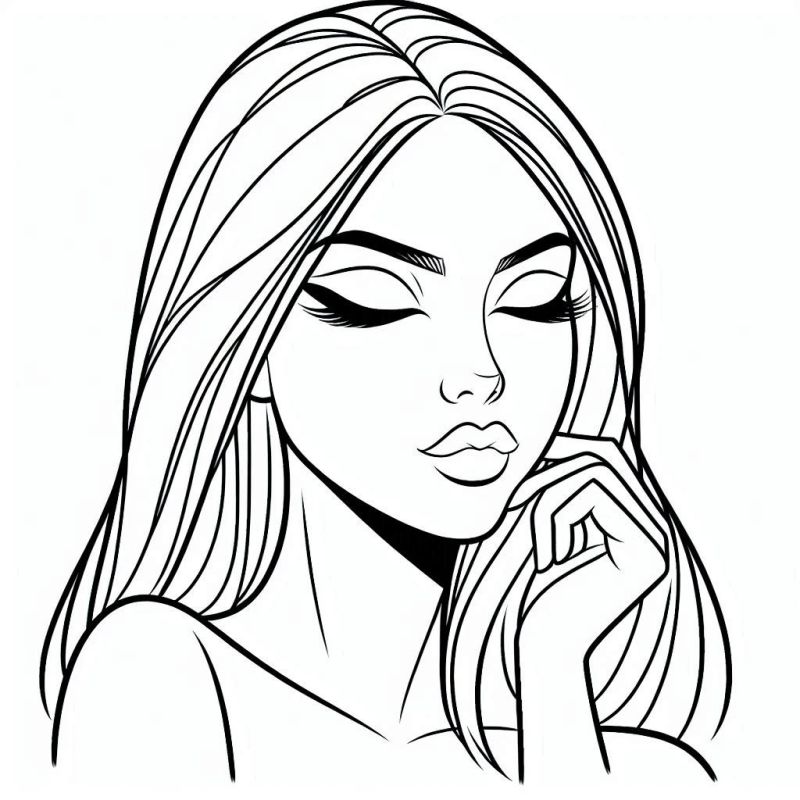 Desenho em linha do rosto de uma mulher com maquiagem elegante para colorir