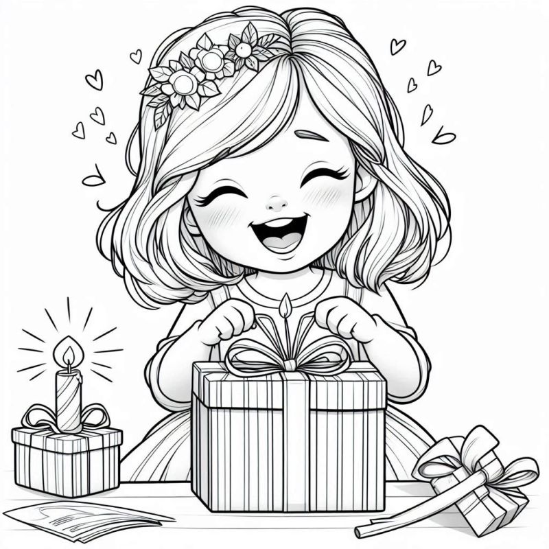 Desenho para colorir de menina alegre segurando um presente de aniversário