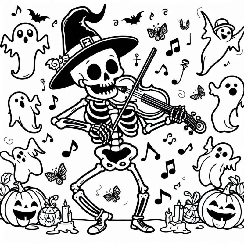 Desenho de Esqueleto Tocando Violino no Halloween para Colorir