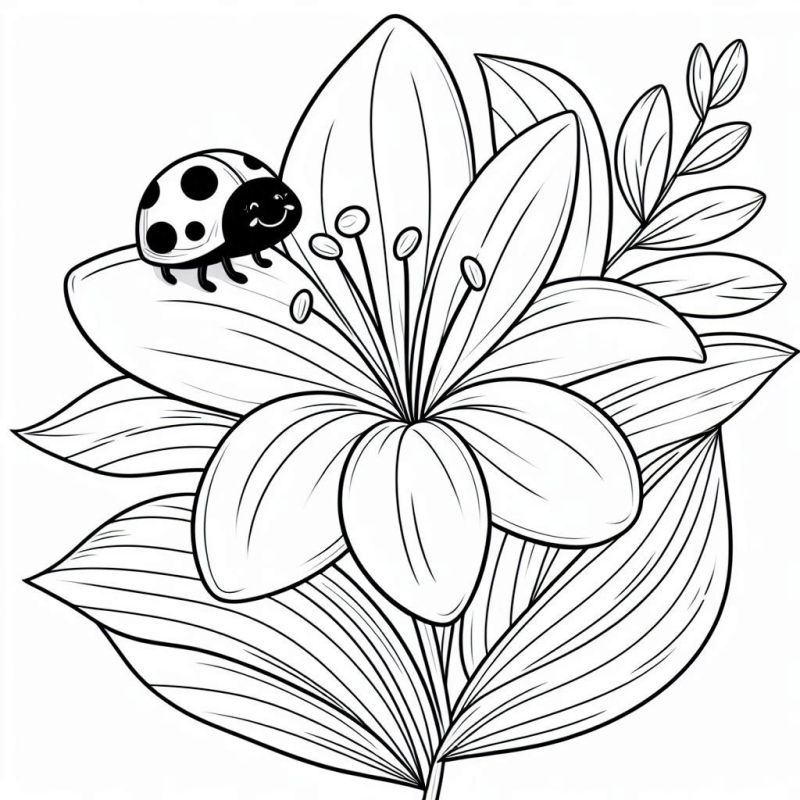 Desenho de Flor com Joaninha para Colorir