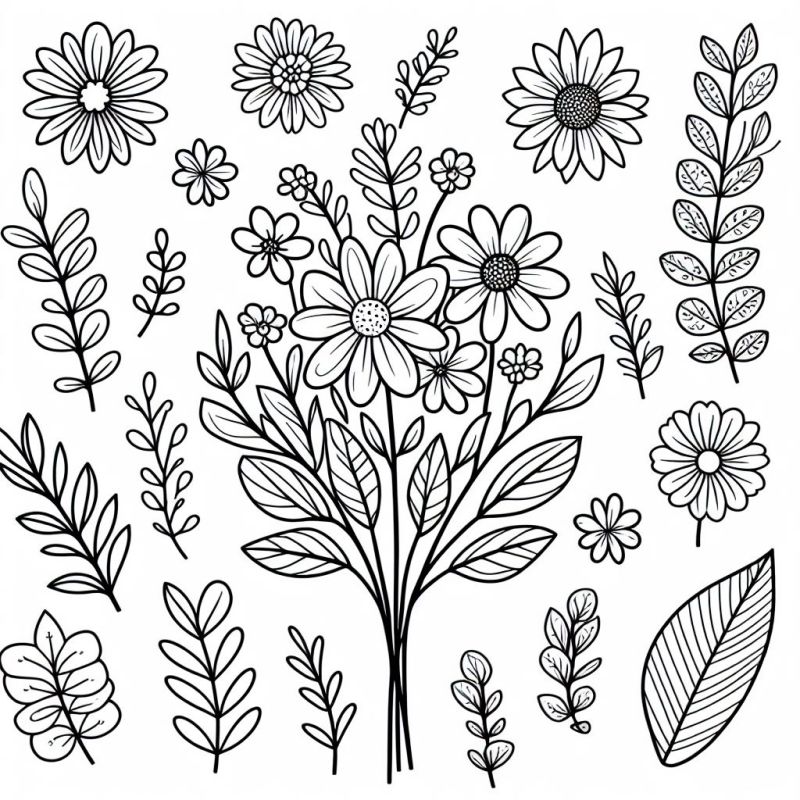 Desenho de buquê de flores para colorir com margaridas e folhas detalhadas