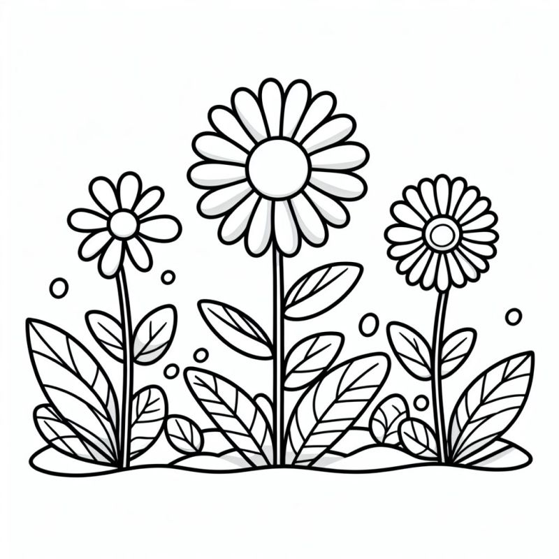 Desenho de três flores no jardim para colorir