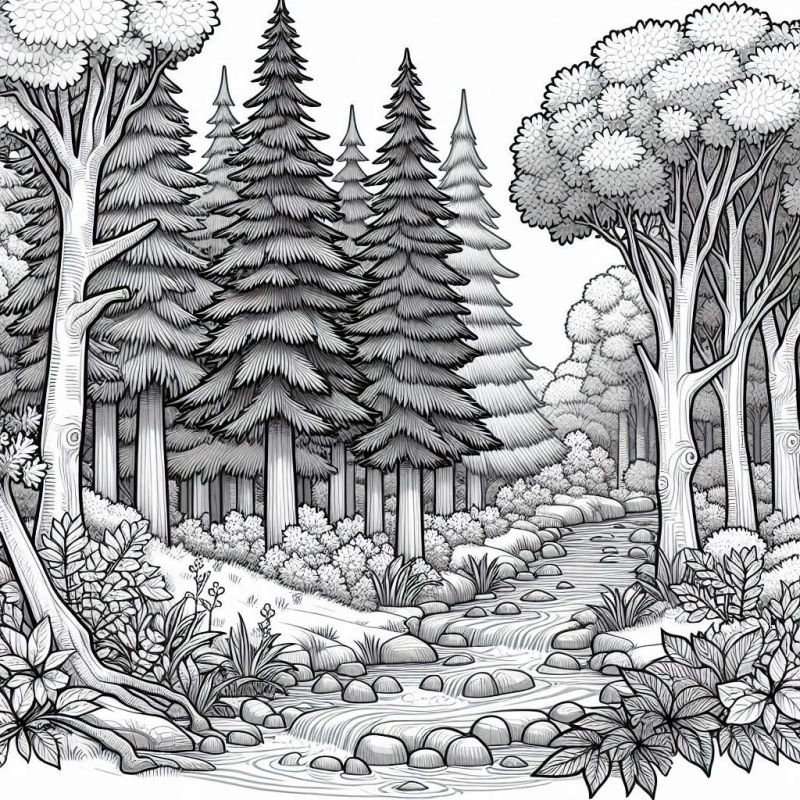 Desenho de paisagem natural detalhada para colorir incluindo árvores, vegetação de solo e um córrego