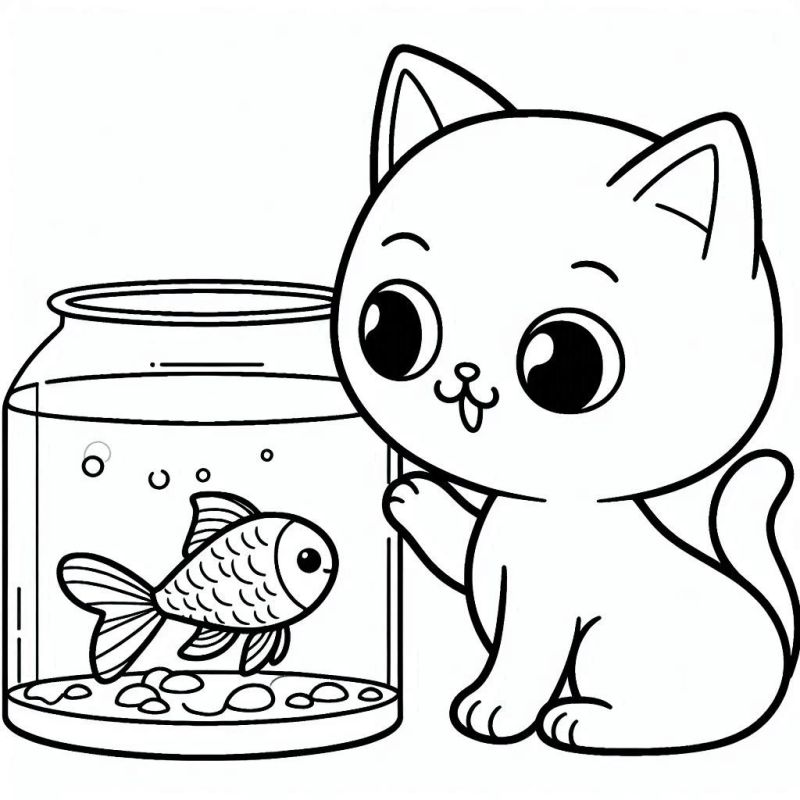 Desenho de Gatinho Fofo e Aquário para Colorir