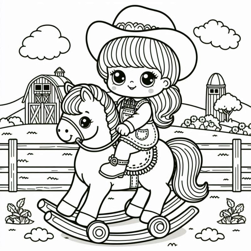 Menina Vaqueira no Cavalo de Balanço - Desenho para Colorir