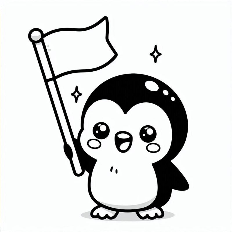 Desenho de pinguim kawaii segurando uma bandeira para colorir