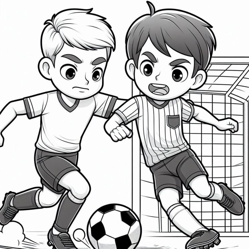 Desenho para colorir de uma cena de ação no futebol com dois jogadores em campo