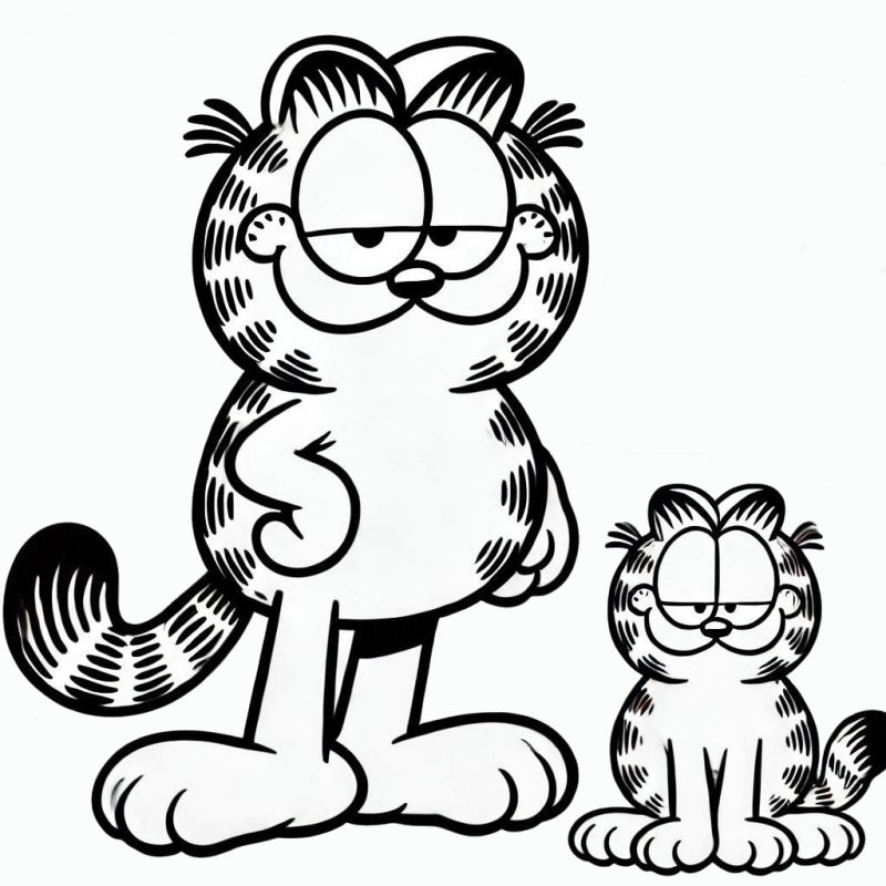 Desenho de Dois Gatos Estilo Garfield Relaxando para Colorir