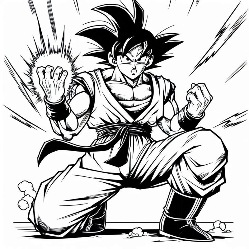 Goku em posição dinâmica segurando uma esfera de energia para colorir