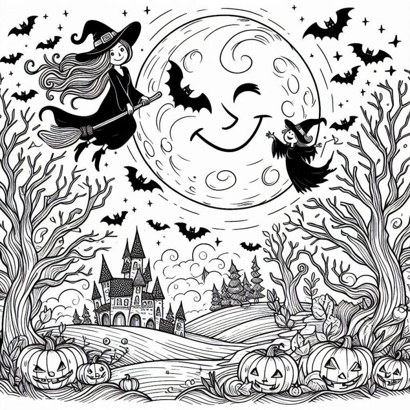 Desenho detalhado de Halloween com lua cheia e bruxas para colorir