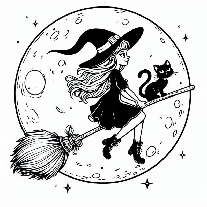 Desenho de Halloween com bruxa e gato voando sobre a lua cheia para colorir.