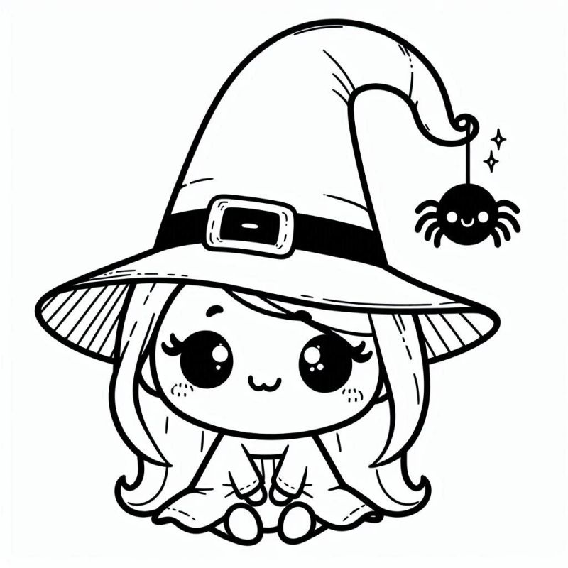 Desenho de uma Bruxinha Chibi Fofa para Colorir