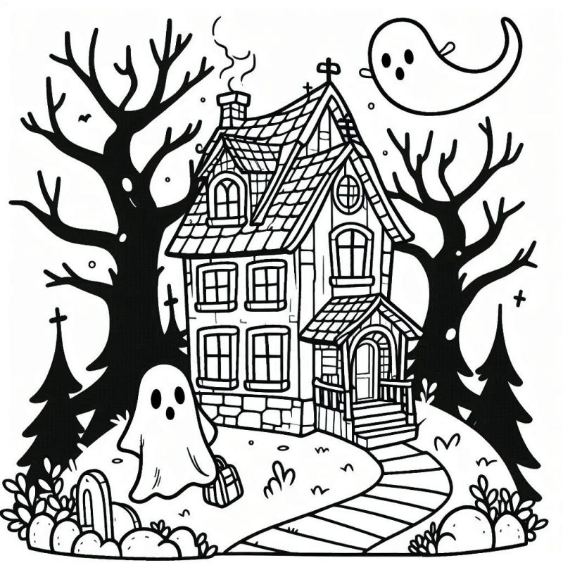 Desenho de casa assombrada com fantasmas e túmulos para colorir no Halloween