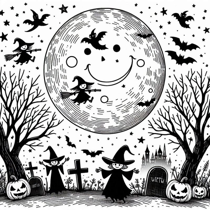 Desenho de Halloween com bruxas, castelo, morcegos e abóboras para colorir.