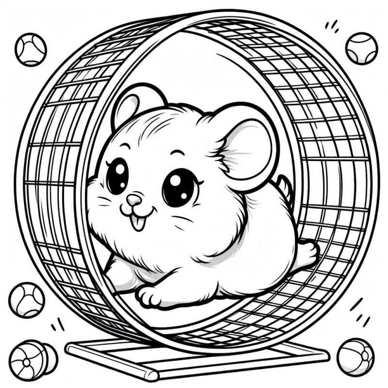 Desenho de um hamster adorável na roda de exercícios com brinquedos para colorir