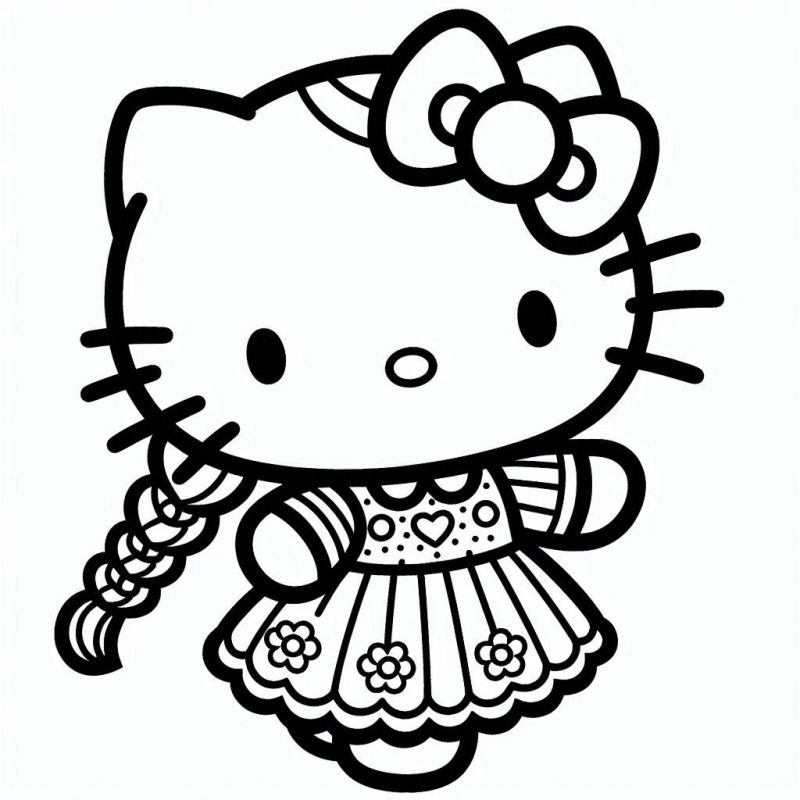 Hello Kitty em Vestido Floral Delicado para Colorir