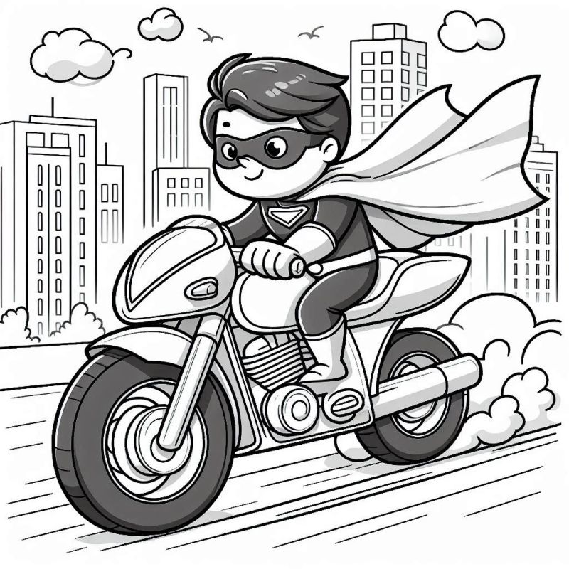 Desenho de Super-Herói Pilotando Motocicleta na Cidade para Colorir