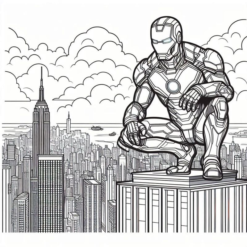 Desenho do Homem de Ferro no Topo de um Edifício para Colorir