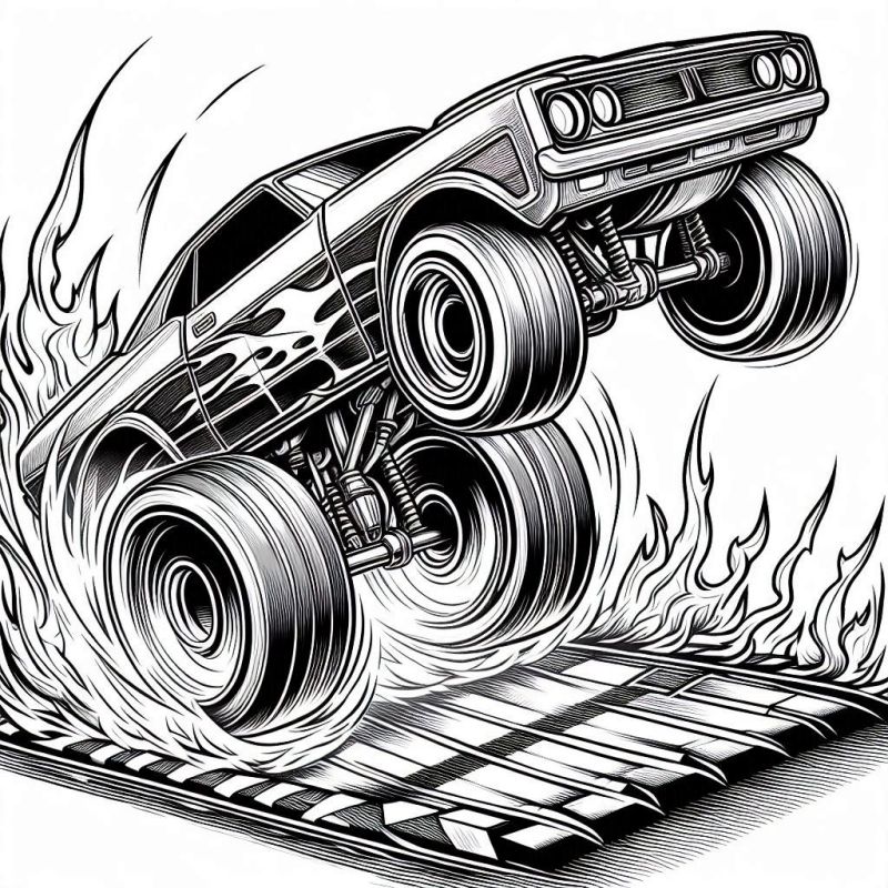 Desenho de carro Hot Wheels saltando rampa com chamas para colorir