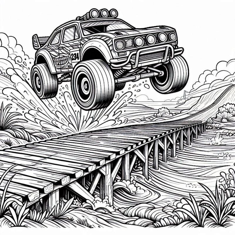 Desenho de carro monstro Hot Wheels saltando de ponte quebrada para colorir