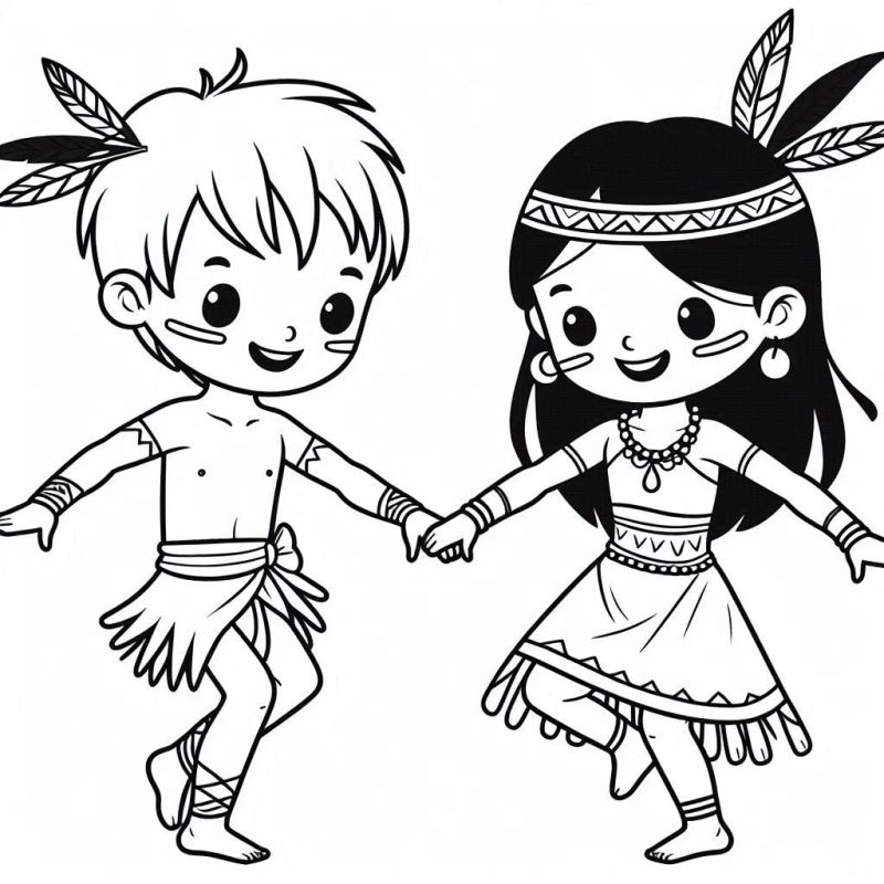 Desenho de menino e menina índios dançando.