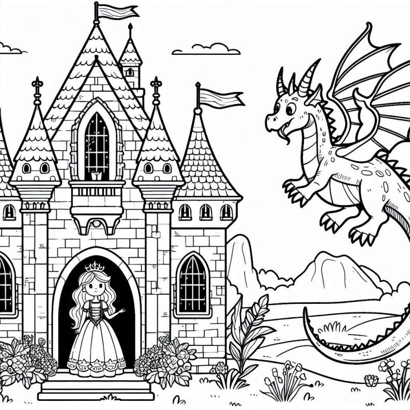 Desenho Encantador de Castelo com Princesa e Dragão para Colorir