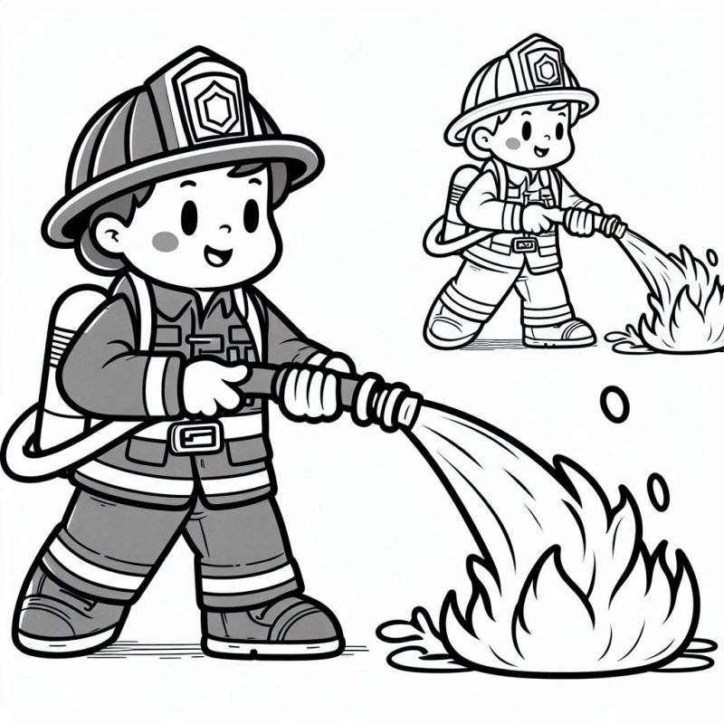 Desenho de Crianças Bombeiros para Colorir