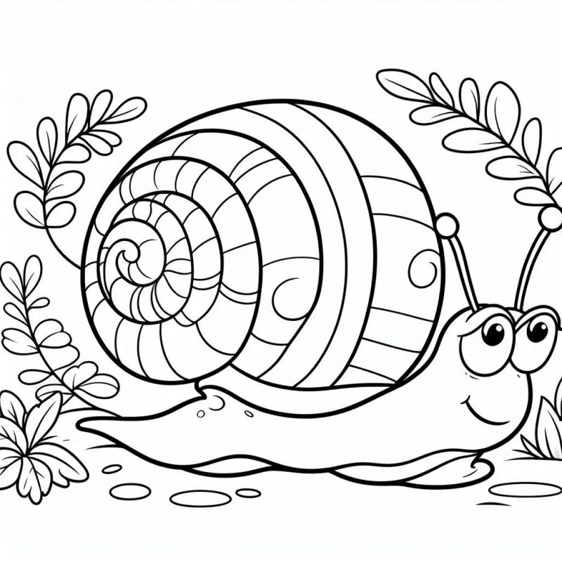 Desenho de caracol divertido para colorir com detalhes de concha e ambiente natural