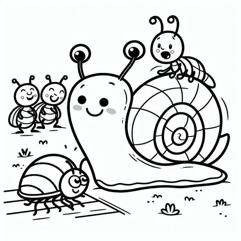 Desenho de insetos fofos para colorir com um caracol, formiga, tatuzinho e abelhas