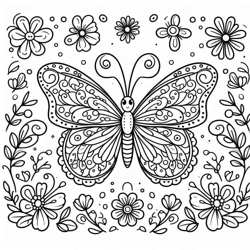 Desenho de uma borboleta detalhada com flores ao redor para colorir