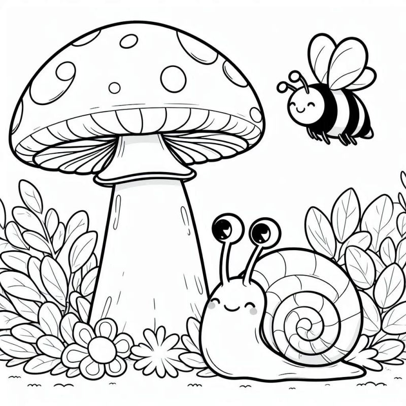 Desenho de caracol feliz e cogumelo grande com abelha voando para colorir