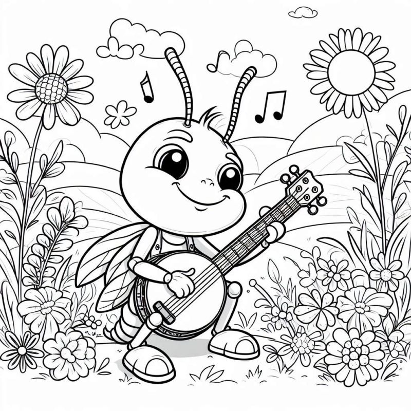 Desenho para colorir de um inseto sorridente tocando banjo na natureza