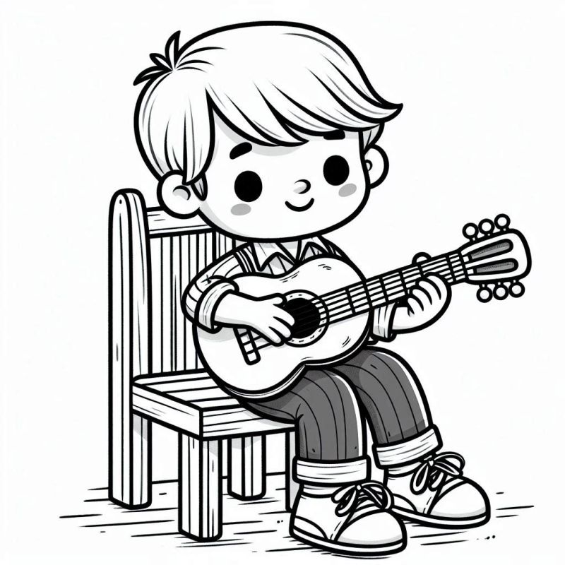 Desenho para colorir de um menino tocando violão