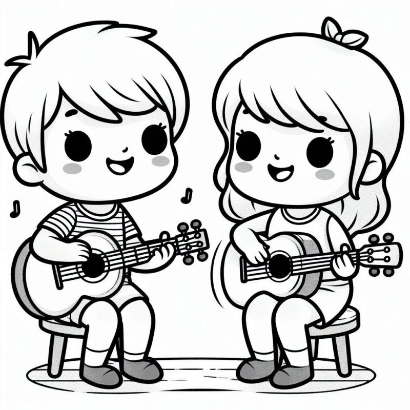 Desenho para colorir de menino e menina tocando violões