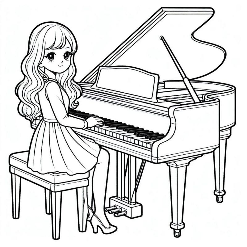 Desenho de jovem tocando piano de cauda para colorir