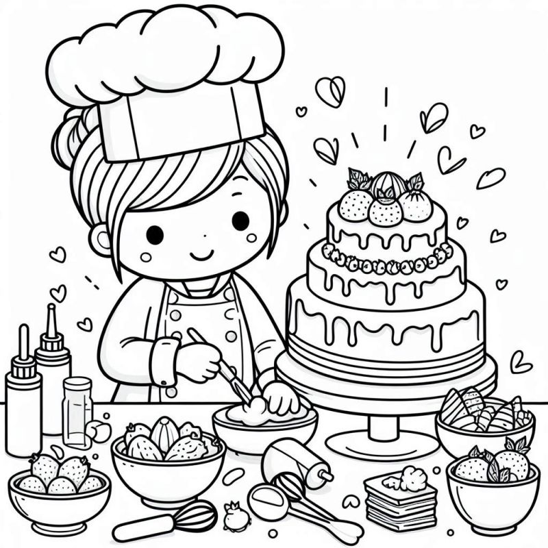 Desenho de Jovem Confeiteira na Cozinha para Colorir