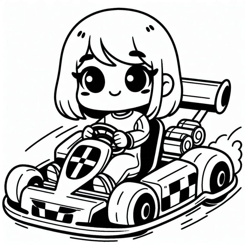 Desenho de Piloto Chibi em Kart de Corrida para Colorir