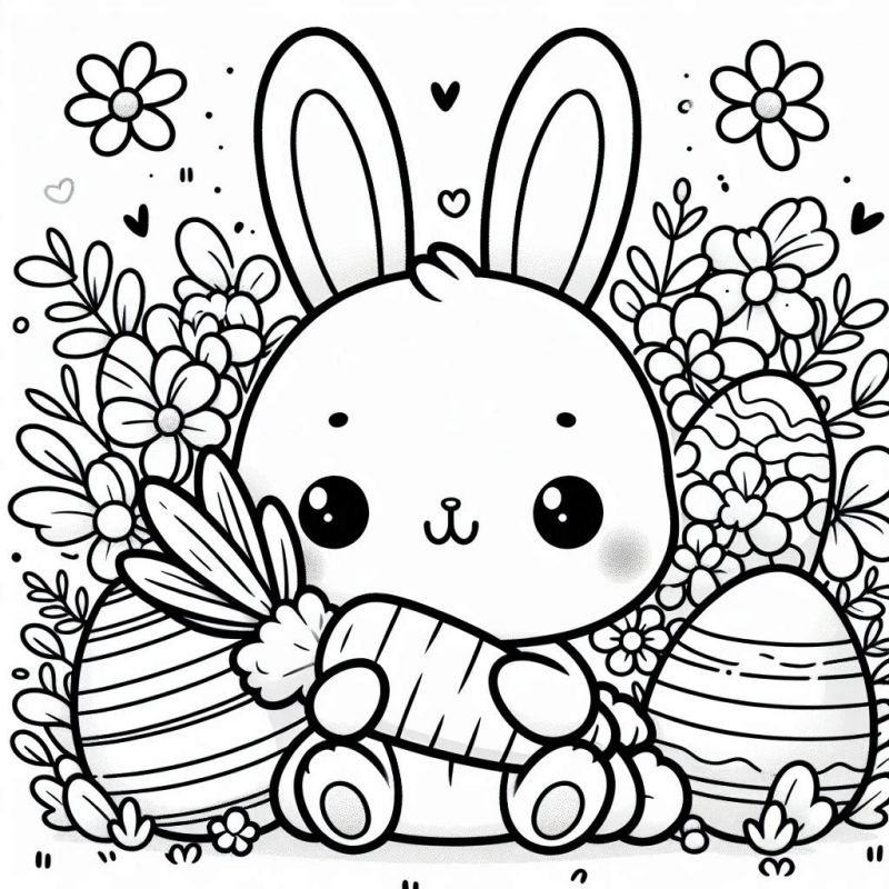 Desenho kawaii de coelhinho com cenoura para colorir, rodeado por flores e ovos de Páscoa