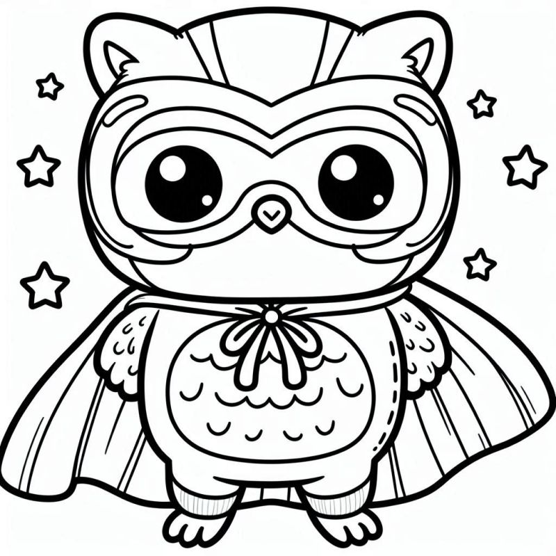 Desenho de coruja super-heroína estilo kawaii para colorir, com detalhes fofos e encantadores.