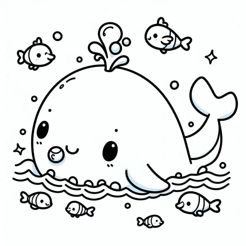 Desenho kawaii de uma fofa baleia sorridente com peixinhos para colorir